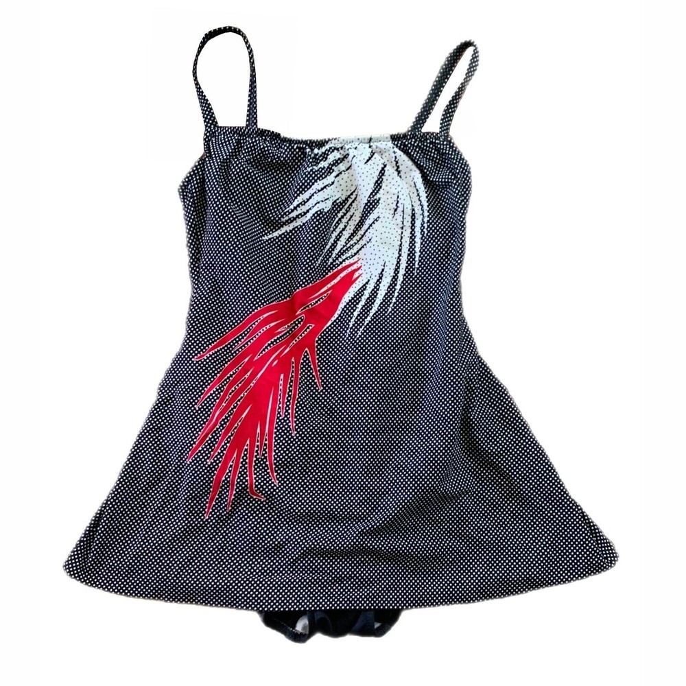 Vintage 60s Robby Len Size 12 Black Polka Dot One Piece Skirted Swimsuit.